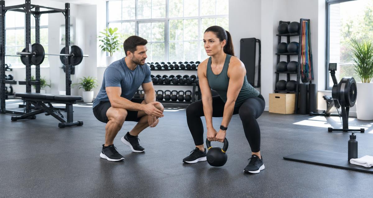 Illustrative personal trainer coaching a client in a fitness studio